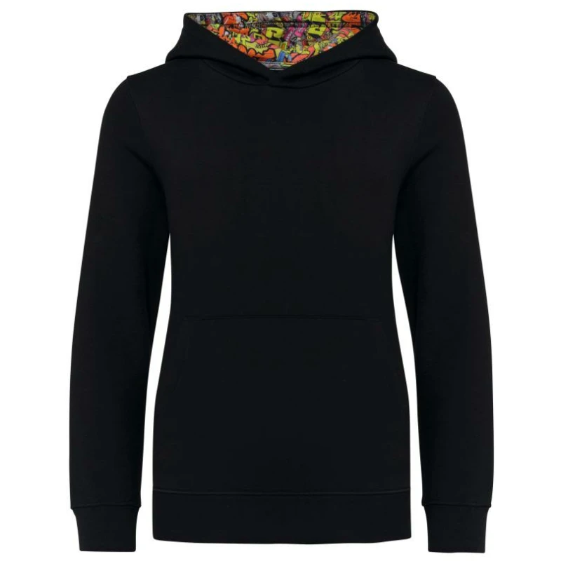 Unisex kindersweater met contrasterende capuchon met motief